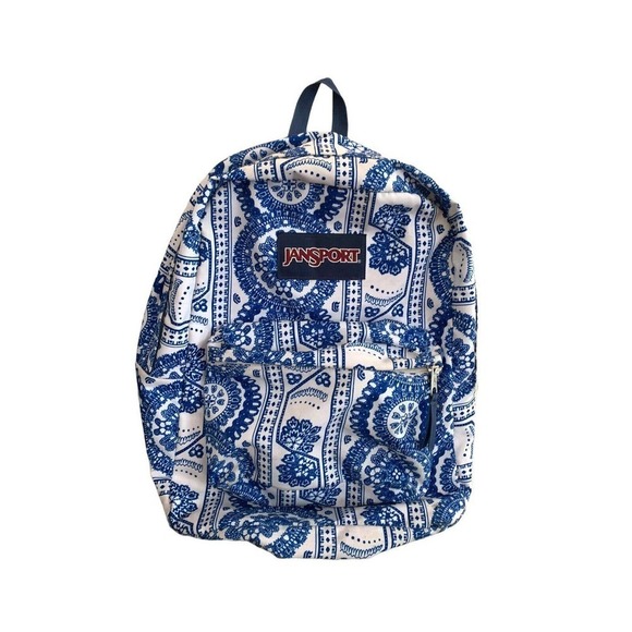 Jansport Bags Jansport Classic Blue White Paisley Canvas Backpack Book Bag 2 Zipper Poshmark